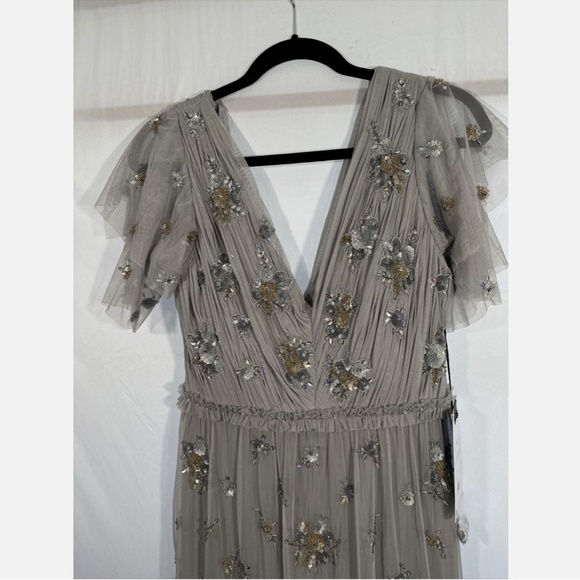 NWT $598 Mac Duggal [ 6 ] Ruffle Tiered Embellished Flutter Sleeve Gown‎ Grey - Picture 8 of 15